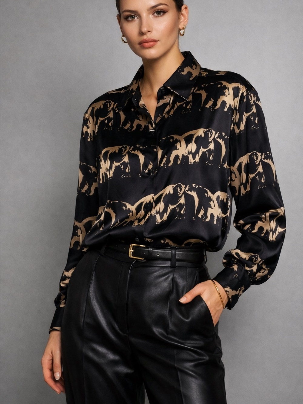Ann May 100% silk bear print long sleeve blouse top size S